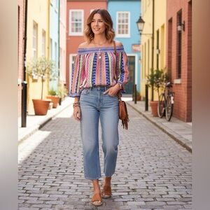 🕒 NWOT | Flying Tomato | Mixed Print OTS 3/4 Sleeves Boho Top | Multicolor | S